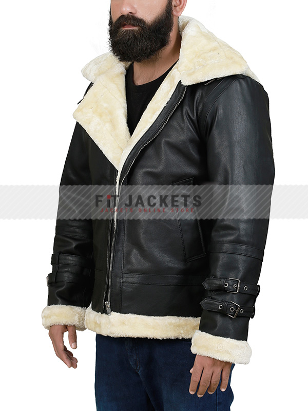 B3 Bomber Shearling Hooded Black Leather Jacket