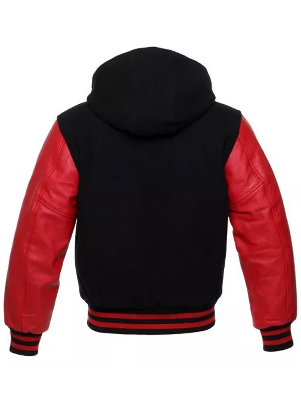 Men's Hooded Black and Red Varsity Hooded Jacket