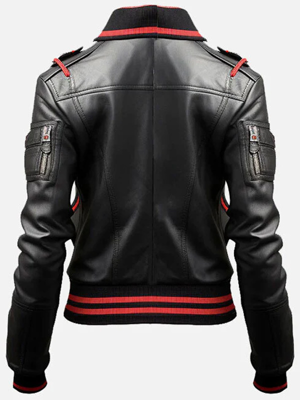 Womens Black and Red Motorbike Bomber Jacket