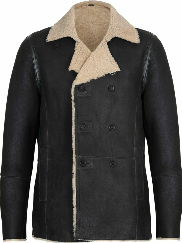 Men Sheepskin Black Double Breasted Leather Jacket