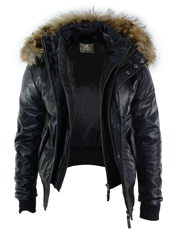 Mens Black Hood Bomber Shearling Jacket