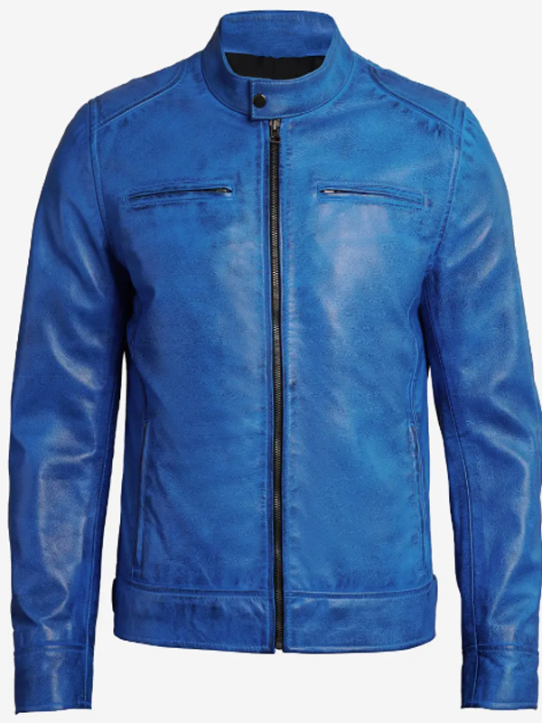 Men Blue Sheepskin Leather Cafe Motorcycle Jacket