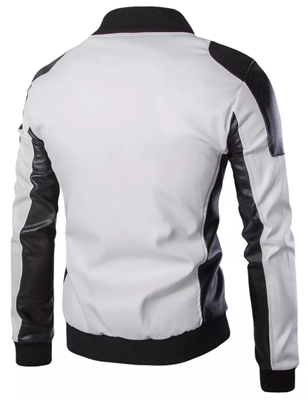 Men Leather White and Black Bomber Jacket