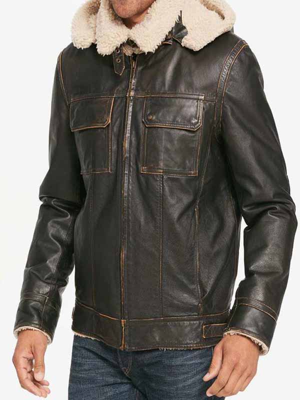 Mens Brown Hooded Waxed Aviator Jacket