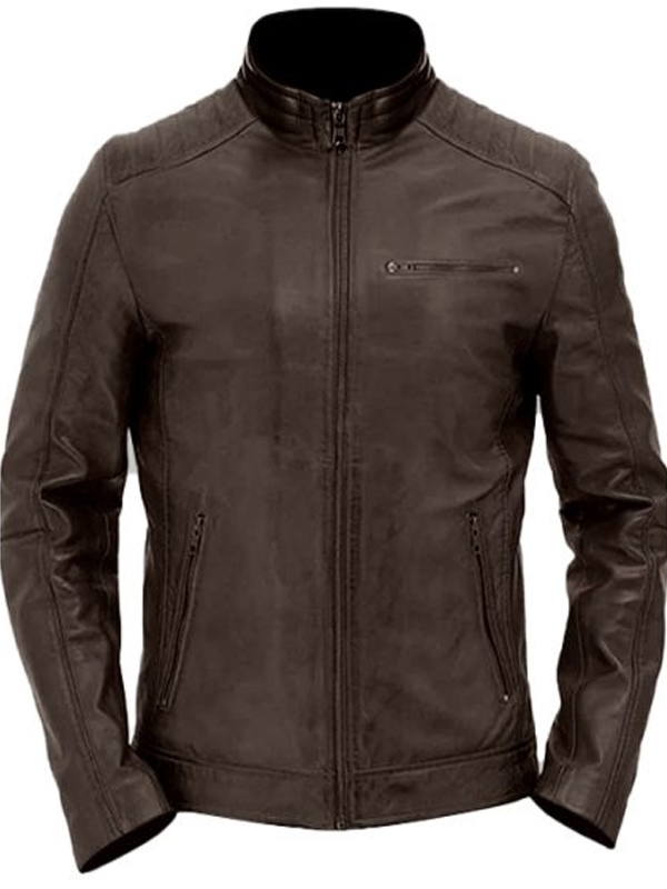 Brown leather cafe racer jacket