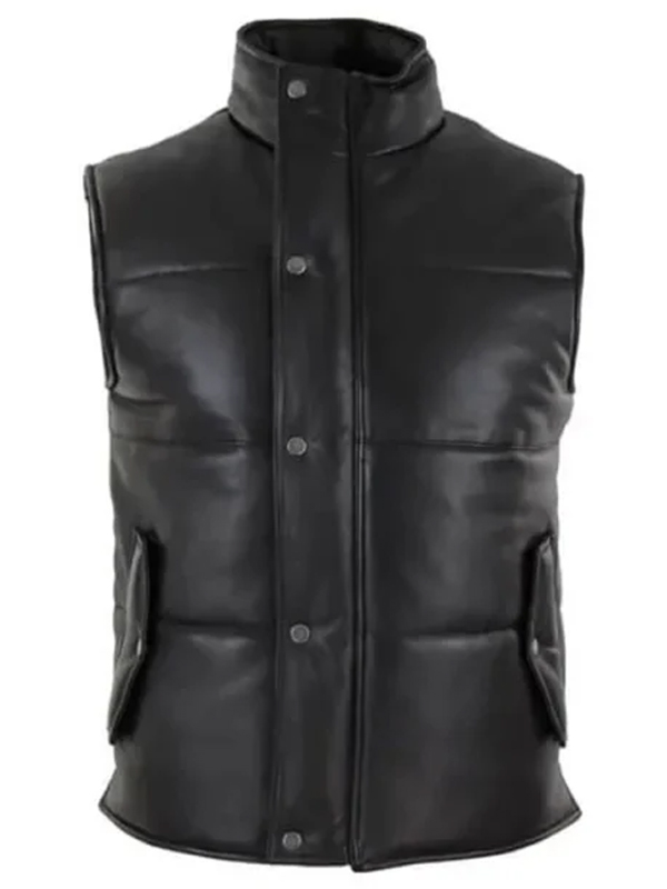 Casual Black Leather Puffer Vest