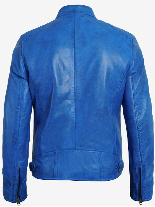 Men Slim Fit Sheepskin Leather Blue Motorcycle Jacket