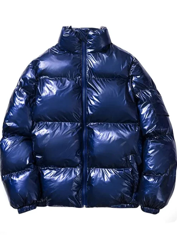 Casual Dark Blue Shiny Puffer Jacket