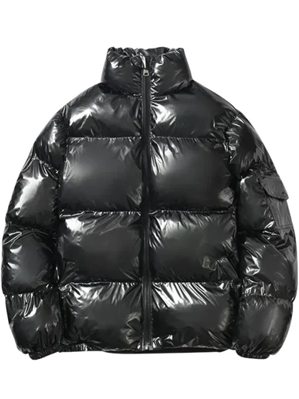 Casual Shiny Black Puffer Jacket