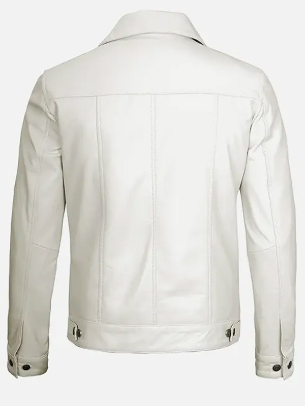 Men's Casual White Leather Trucker Jacket
