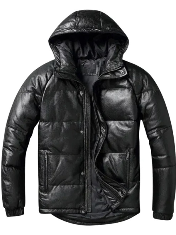 Classic Black Leather Puffer Jacket with Hood