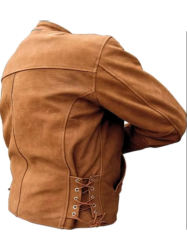 Classic Suede Leather Brown Lace Up Motorcycle Jacket For Men