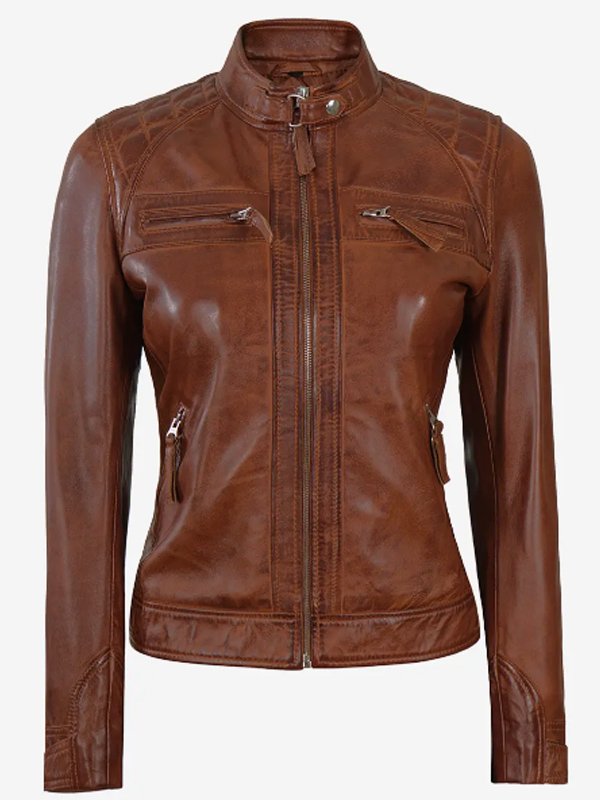 Women Cognac Diamond Quilted Leather Jacket