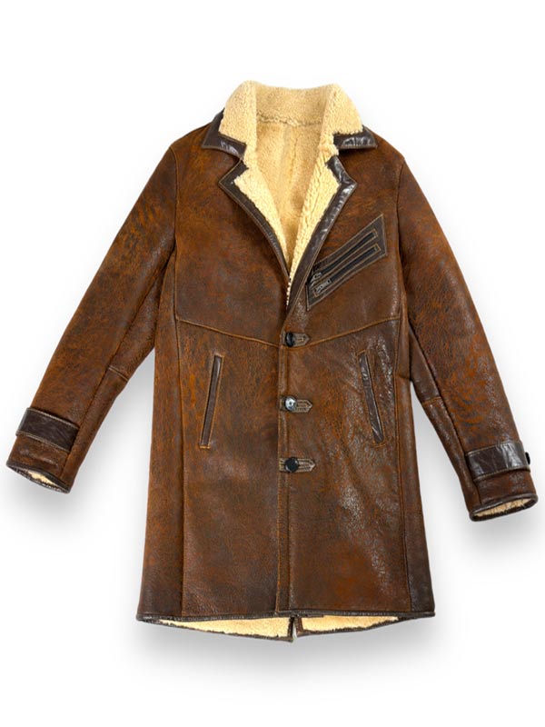 Brown Shearling Leather Coat with Shearling Collar