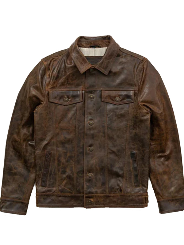Men Brown Leather Trucker Jacket