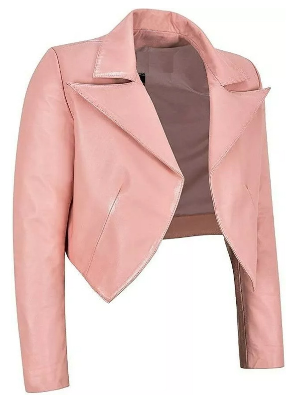 Women Crop Style Light Pink Leather Jacket