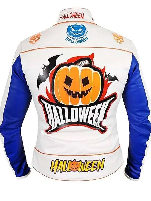 Shop Halloween Pumpkin Printed Leather Racer Jacket