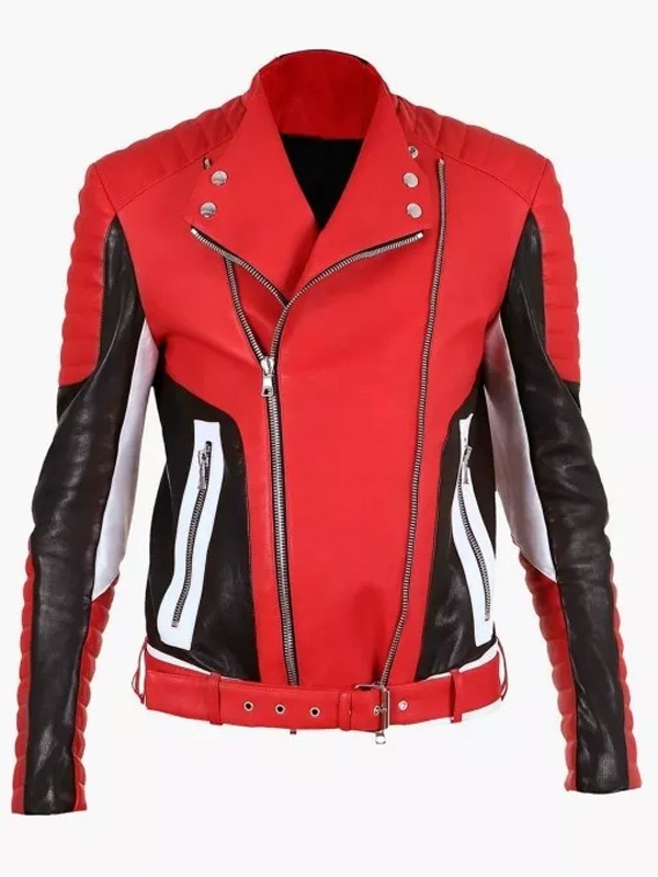 Mens Stylish Red Biker Leather Jacket with Belted