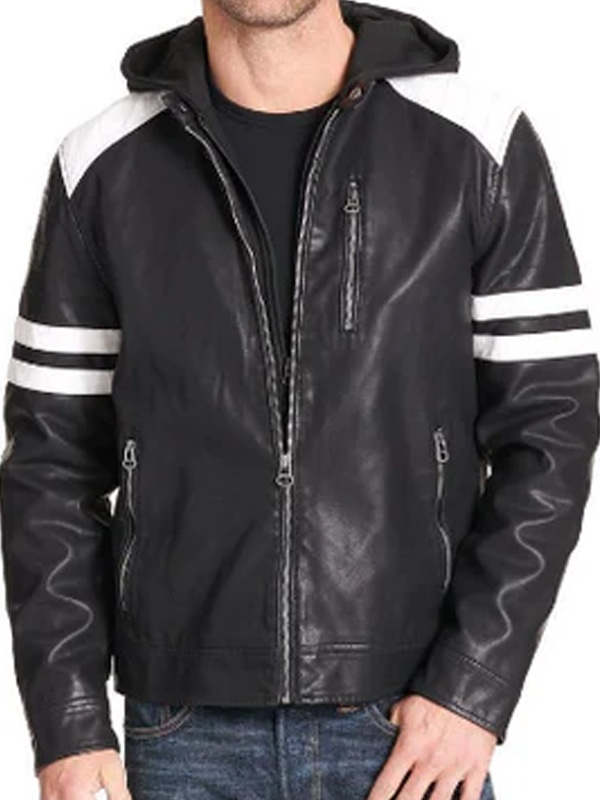 Men Black Hooded Leather Racer Jacket