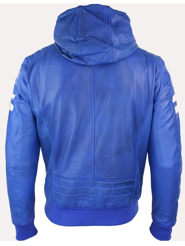Men Blue Leather Hooded Bomber Jacket