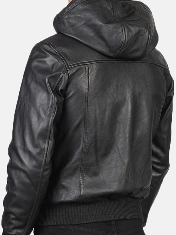 Casual Bomber Black Leather Mens Jacket With Hood