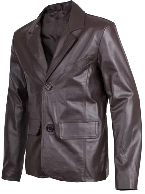 Men 2 Buttoned Style Brown Leather Blazer