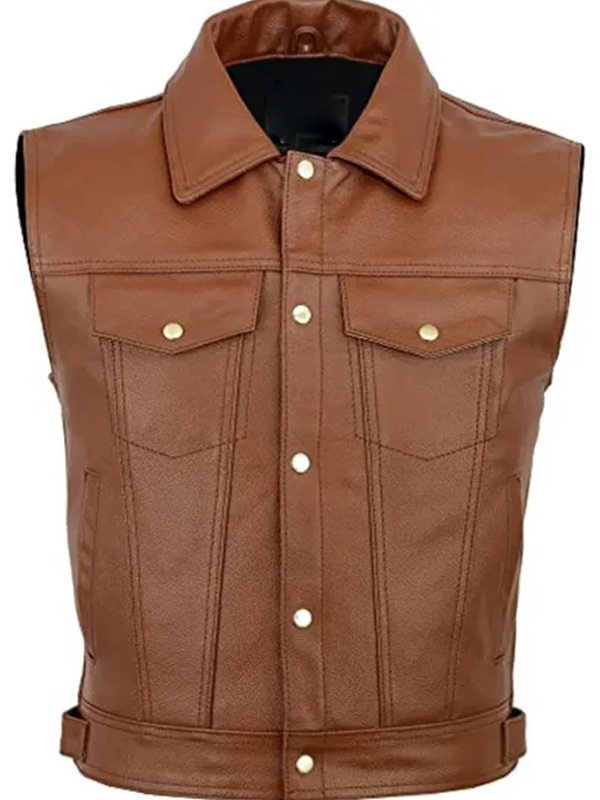 Men Classic Brown Leather Trucker Vest
