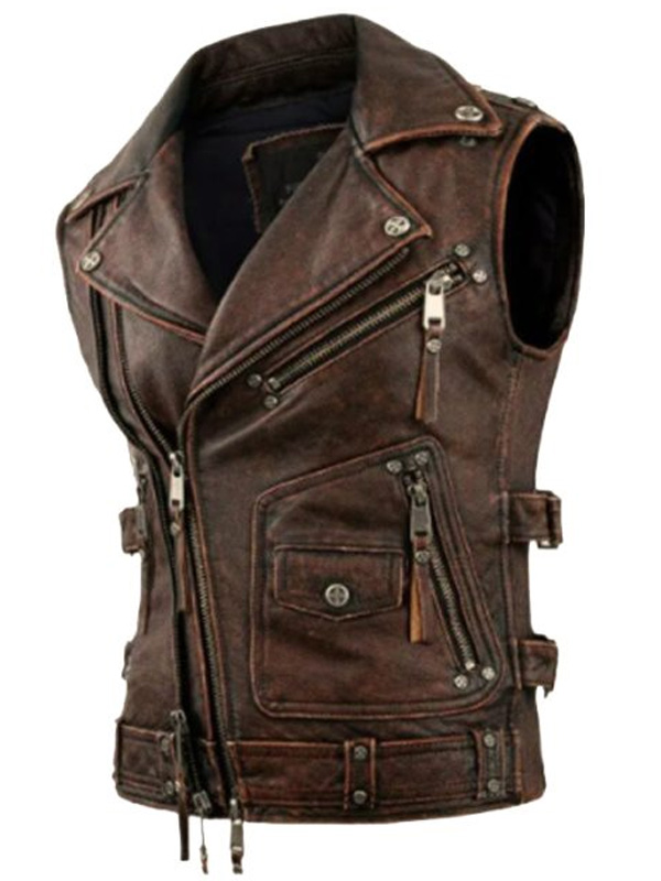 Men Distressed Brown Leather Biker Vest