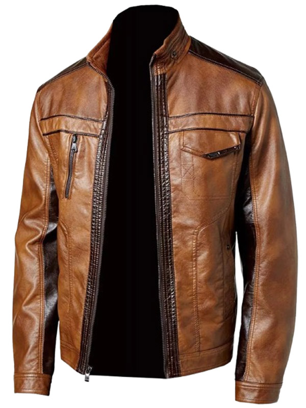 Mens Biker Style Brown Leather Moto Jacket
