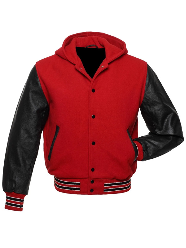 Men Hooded Red and Black Varsity Jacket