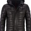Men Hooded Black Leather Puffer Jacket