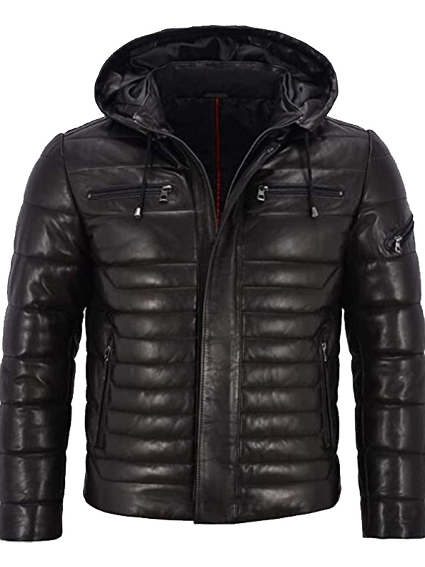 Men Hooded Black Leather Puffer Jacket