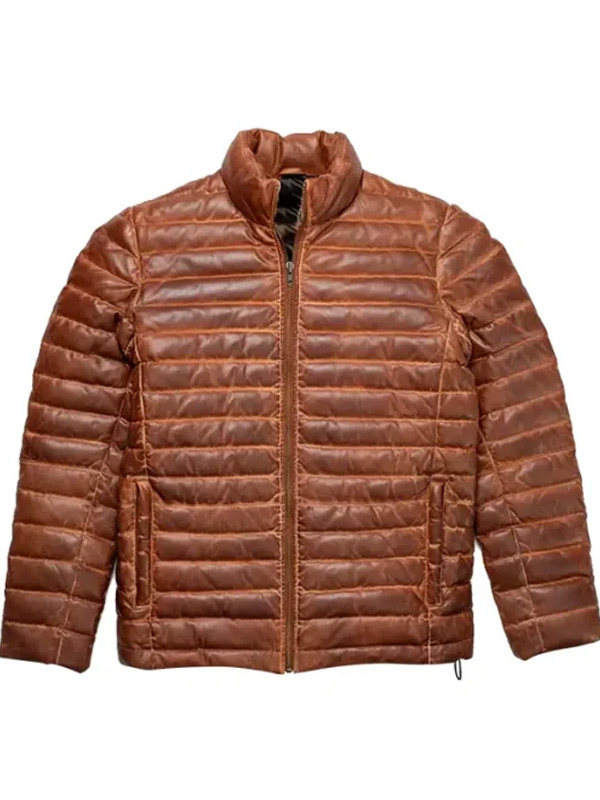 Men Quilted Distressed Brown Leather Puffer Jacket