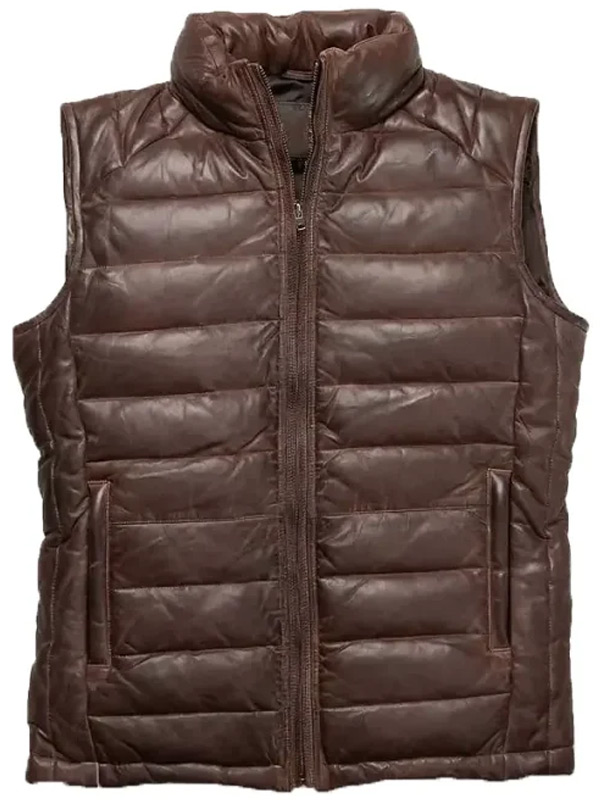 Men Quilted Puffer Brown Leather Vest