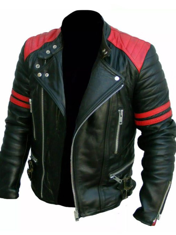 Men Slim Fit Black and Red Biker Jacket