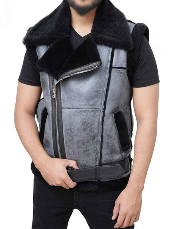 Men Stylish Grey Leather Shearling Vest