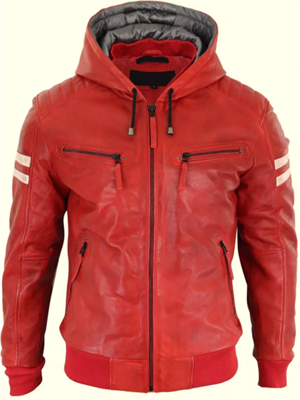 Men Stylish Red Hooded Leather Jacket