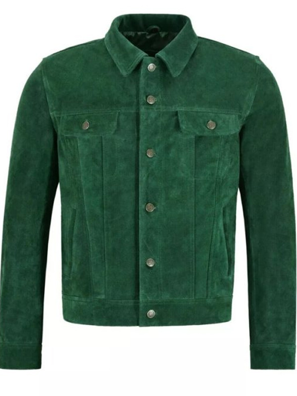 Men Trucker Style Green Suede Jacket