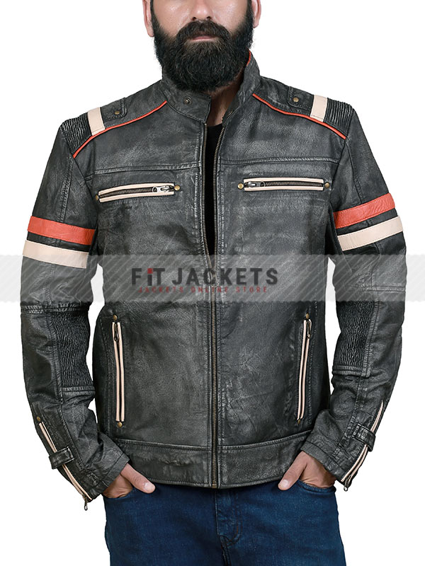 Mens Cafe Racer Retro Distressed Leather Jacket