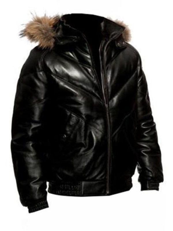 Men Black Hooded Shearling Leather Jacket