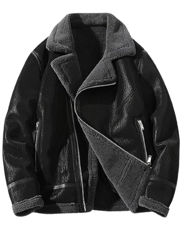 Mens Black Faux Shearling Leather Jacket
