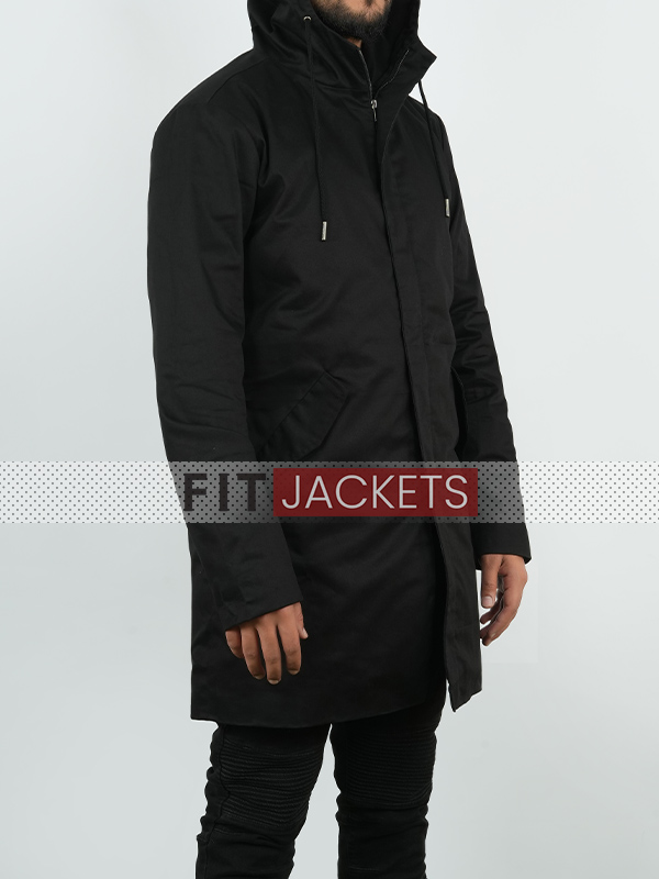 Mens Hooded Style Black long Cotton Jacket