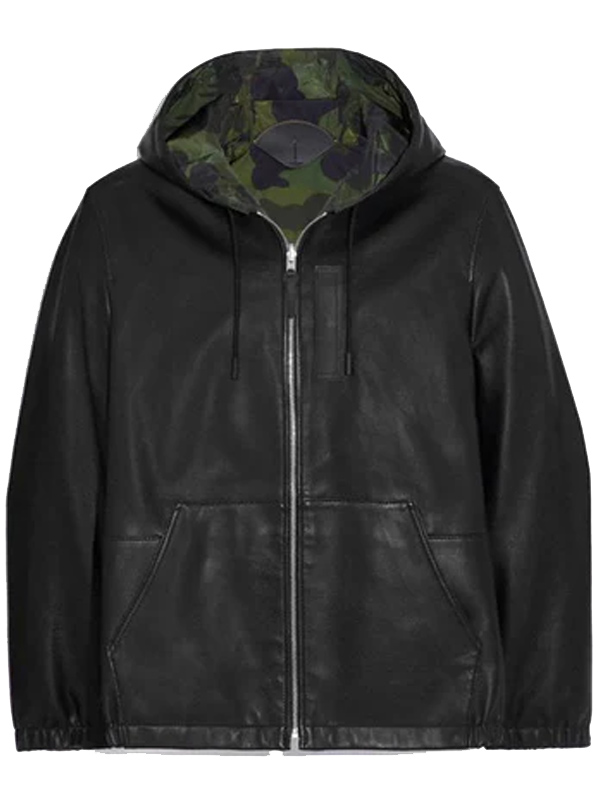 Men Casual Black Leather Hooded Jacket