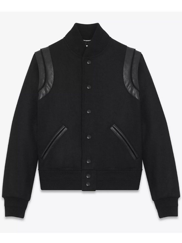 Bomber Style Double Straps Retro Black Wool Jacket Mens