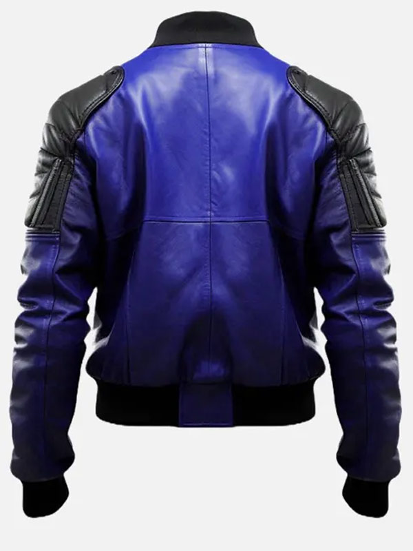 Men's Bomber Style Blue and Black Leather Jacket