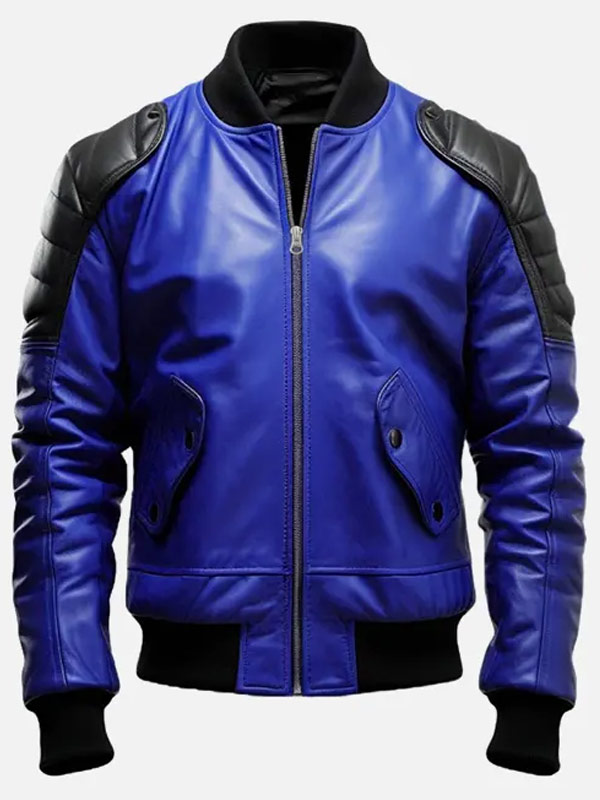 Mens Blue and Black Leather Racing Bomber Jacket