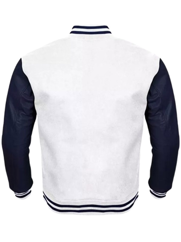Mens Letterman White and Blue Bomber Jacket