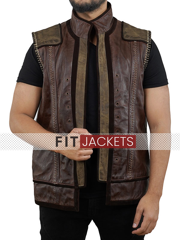 Mens Stand Up Collar Brown Leather Vest