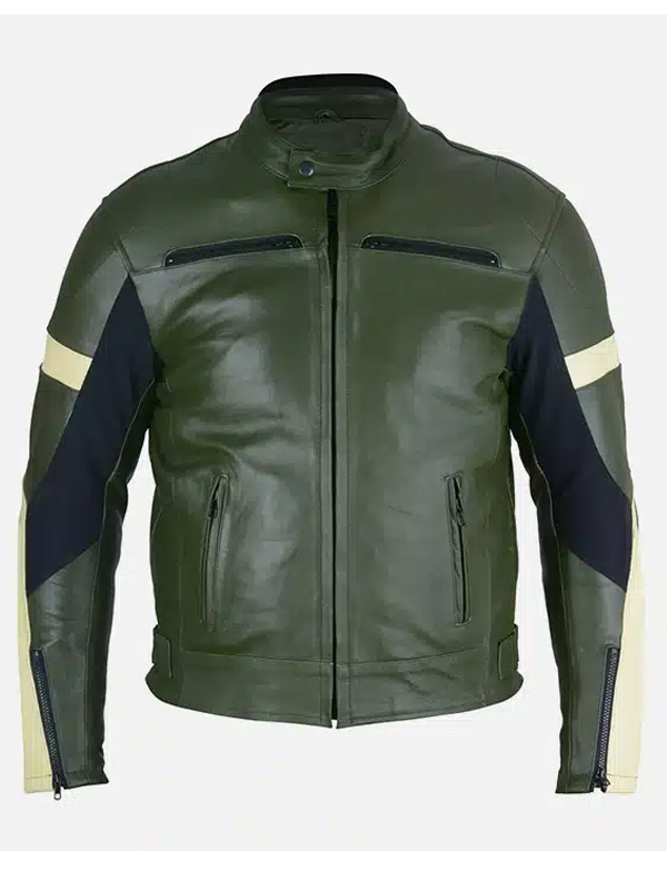 Olive Green Leather Motorcycle Jacket Mens