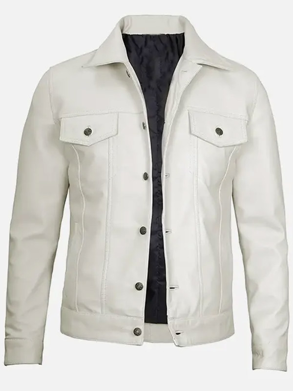 Casual Stylish White Trucker Leather Jacket